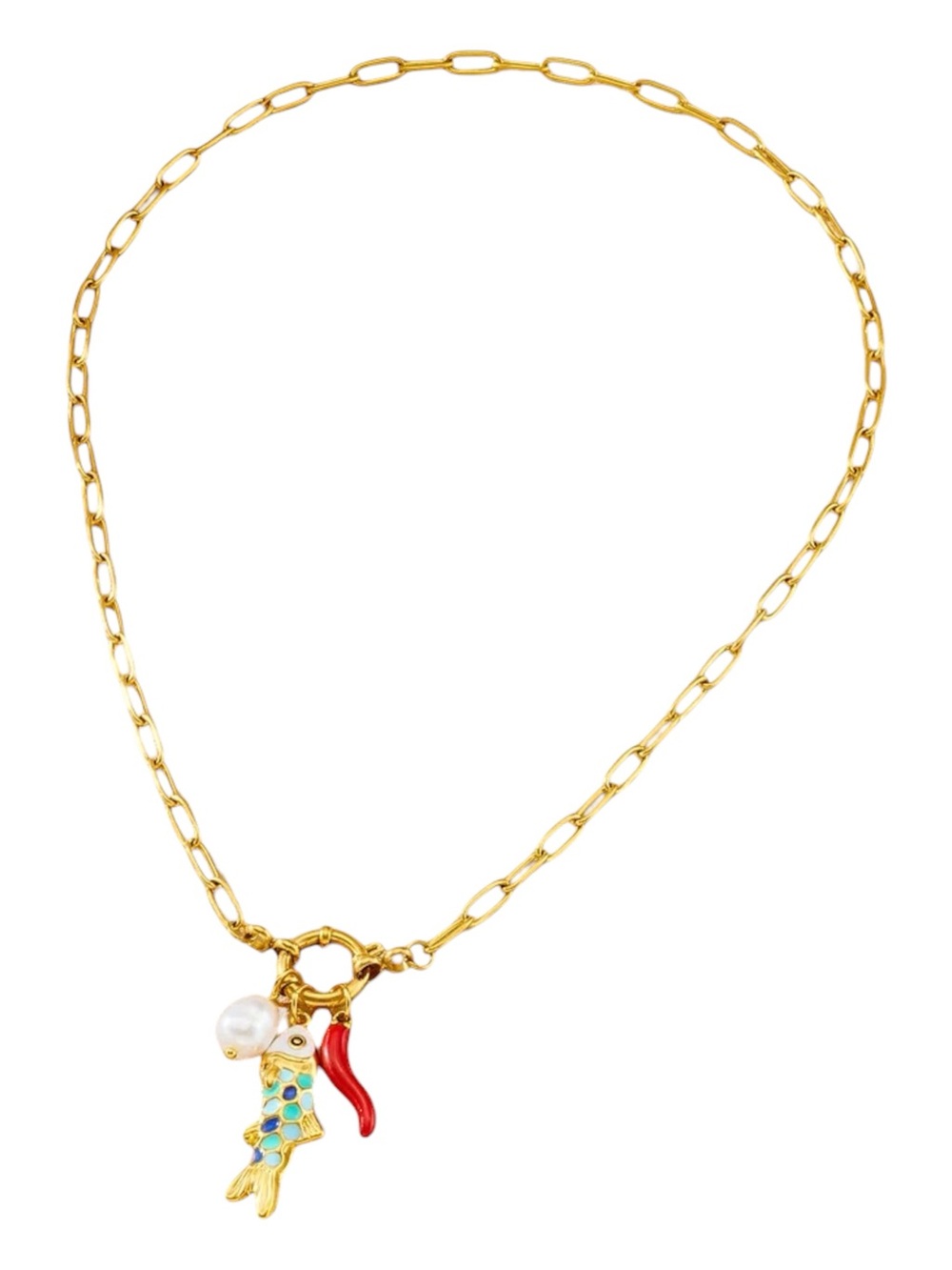 Gold Plated Stainless Steel Fish Pearl & Italian Horn Charm Necklace NWT - Picture 3 of 3